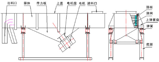 直線振動篩內(nèi)部結構：出料口，篩體，傳力板，上蓋，電機座，電機，進料口，篩框，篩網(wǎng)，上彈簧座，彈簧，底腿。