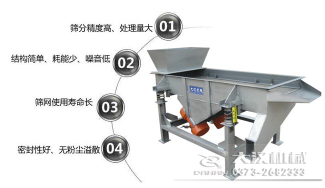 1016型直線振動篩特點(diǎn)：1，篩分精度高，處理量大。2，結(jié)構(gòu)簡單，耗能少，噪音低，3，篩網(wǎng)使用壽命長，密封性好無粉塵溢散。