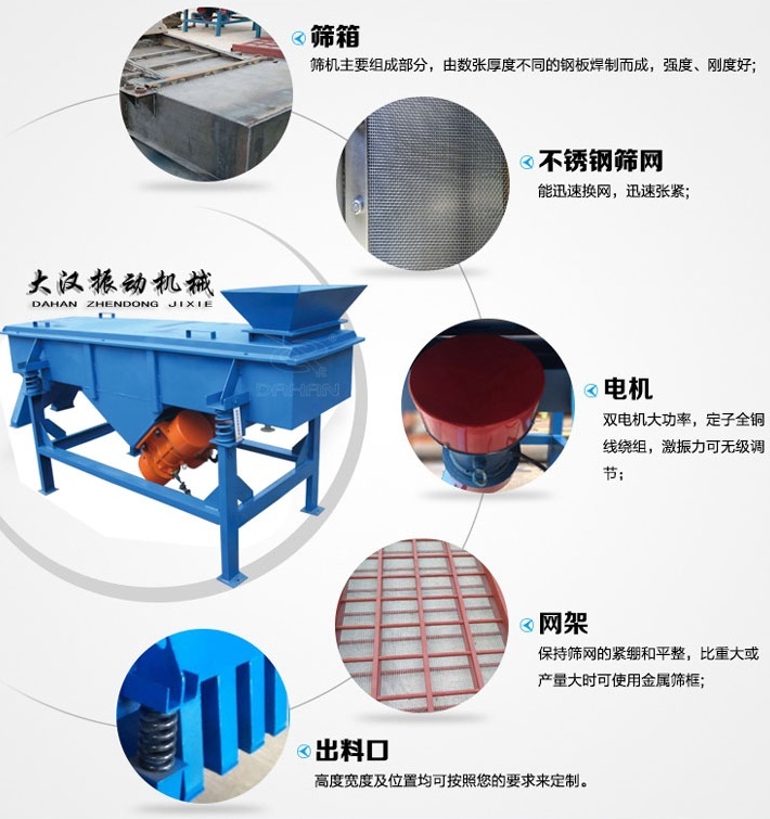 525型直線振動篩結構細節(jié)：篩箱：篩機主要組成部分，由數(shù)張厚度不同的鋼板焊制而成，強度，剛度好。不銹鋼篩網(wǎng)：能速換網(wǎng)，迅速張緊。電機：雙電機大功率，定子全銅線繞組，激振力可無級調(diào)節(jié)。網(wǎng)架：保持篩網(wǎng)的緊繃和平整，比重大或產(chǎn)量大時可使用金屬篩框。出料口：高度寬度及位置均可按照您的要求定制。