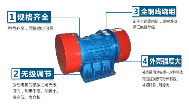 VB振動(dòng)電機(jī)特點(diǎn)：1，規(guī)格齊全：型號(hào)齊全，質(zhì)量穩(wěn)定可靠。2，無(wú)極調(diào)節(jié)：振動(dòng)電機(jī)的激振力可無(wú)極調(diào)節(jié)，利用率高，能耗小，噪音低，壽命長(zhǎng)。4，外殼輕度大：外殼采用消失模一次性整體鑄造替換原有分體制造，外觀好看，強(qiáng)度大。