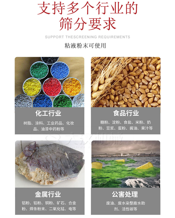適用于化工行業(yè)，食品行業(yè)，金屬行業(yè)，以及公害處理等行業(yè)?；ば袠I(yè)：樹脂，涂料，工業(yè)藥品，化妝品，油漆，中藥粉等;食品行業(yè)：糖粉，淀粉，食用鹽，米粉，奶粉，豆?jié){，蛋粉，醬油，果汁等;金屬行業(yè)：鋁粉，鉛粉，銅粉，礦石，合金粉，焊條粉末，二氧化錳，電等。公害處理：廢油，廢水染整廒水助劑，活性炭等。超聲波振動篩支持挑選定制常見的有：不銹鋼，碳鋼，全不銹鋼三種規(guī)格。不銹鋼：耐腐蝕，耐高溫適合化工行業(yè),碳鋼：鋼性強，硬度高經久耐用,全不銹鋼：機身經久耐用不易生銹不易腐蝕超聲波振動篩共有一到四層可供選擇。大漢超聲波振動篩優(yōu)勢：篩分效率高，篩分精度高，產量可提高0.5-10倍適用于：大米，米粉，綠豆，小米等。輕松解決堵網問題適用10目-635目之間的物料。