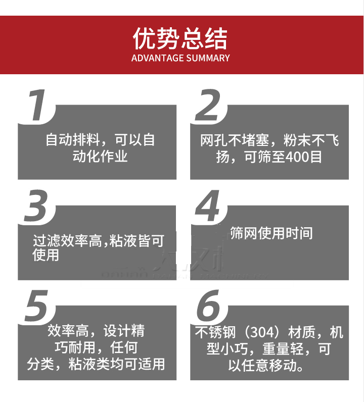 過濾篩優(yōu)勢總結(jié)：1，自動排料，可以自動化作用。2，網(wǎng)孔不堵塞，粉塵不飛揚(yáng)，可篩至400目。3，過濾效率高，任何粒，粉，粘液也可使用。4，篩網(wǎng)設(shè)計(jì)大大提高了篩網(wǎng)使用時(shí)間，也魏換網(wǎng)提高了方便。5，效率高，設(shè)計(jì)精巧耐用，任何分類設(shè)計(jì)精巧耐用，任何分類，粘液類均可適用。6，不銹鋼材質(zhì)機(jī)型小巧，重量輕，可以任意移動。