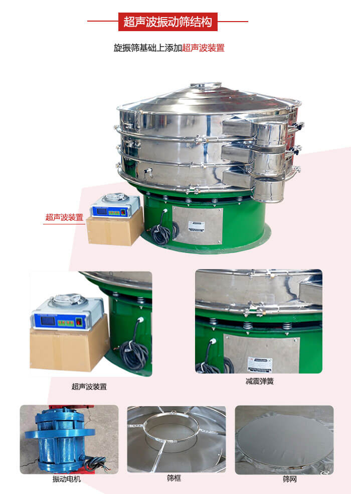 圓篩機(jī)內(nèi)部結(jié)構(gòu)：主要由振動(dòng)電機(jī)、篩框、篩網(wǎng)、超聲波系統(tǒng)、減震彈簧等展示圖