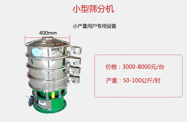 小型篩分機產(chǎn)量可達100公斤/時，價格3000元起。