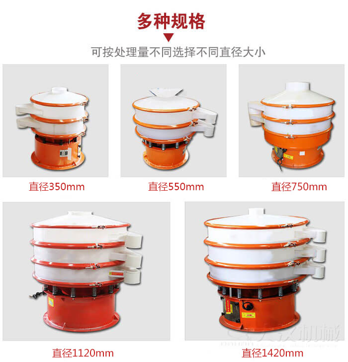 塑料振動篩不同篩分直徑進行展示：350，550，750，1120，1420等。