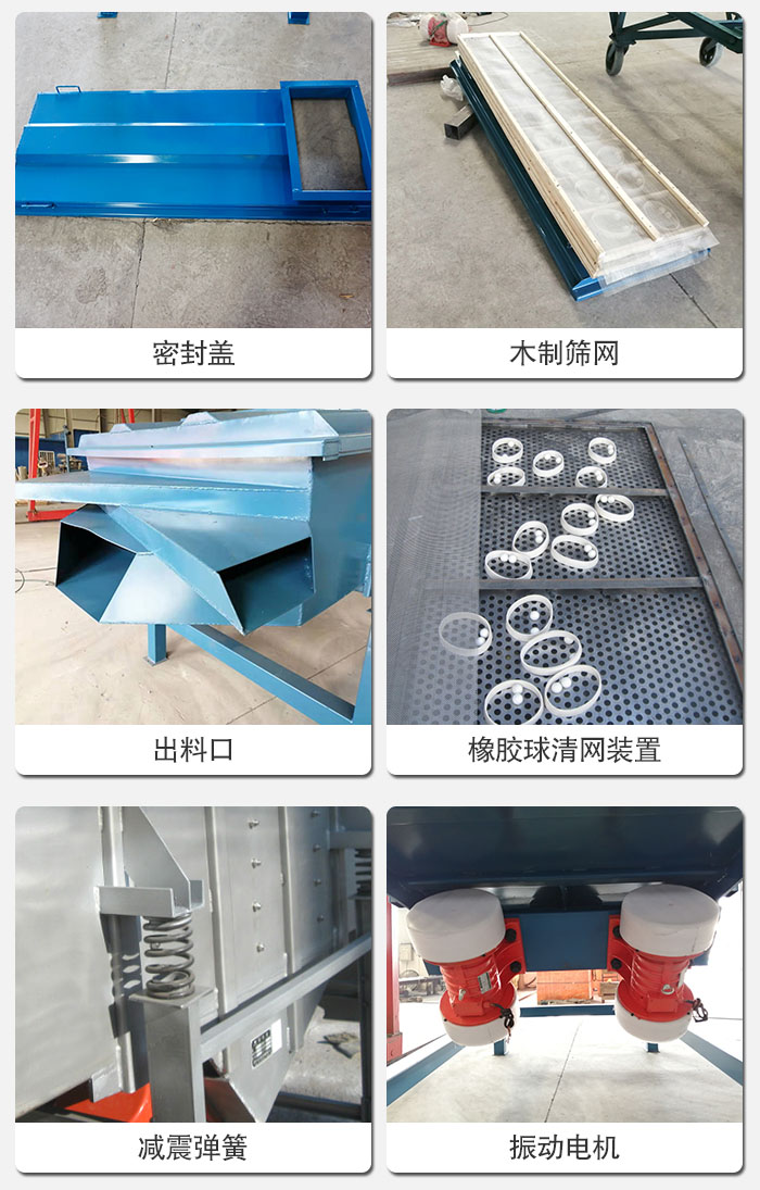 直線篩結(jié)構(gòu)展示：篩網(wǎng)，篩箱，振動(dòng)電機(jī)，振動(dòng)電機(jī)座，減震彈簧，支架等部件展示圖