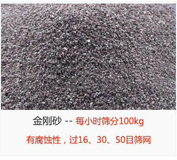 篩分金剛砂每小時100kg，有腐蝕性，過16、30、50目篩網(wǎng)