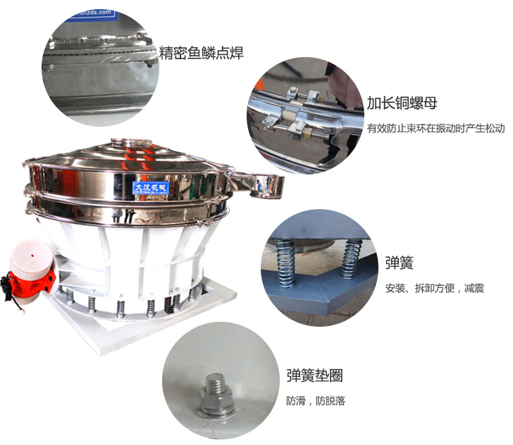 1500直排篩細節(jié)展示：彈簧，彈簧墊圈，加長銅螺母。