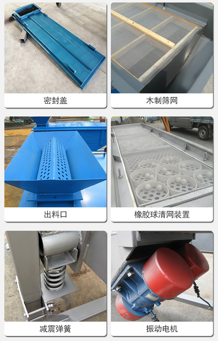直線篩分機(jī)的結(jié)構(gòu)展示圖：篩箱是物料主要篩分設(shè)備之一，篩網(wǎng)用于篩分物料，振動(dòng)電機(jī)幫助篩網(wǎng)篩分。