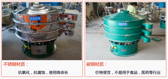 800型振動(dòng)篩有不銹鋼和碳鋼兩種材質(zhì)，不銹鋼材質(zhì)：抗氧化，抗腐蝕，使用壽命長(zhǎng) 碳鋼材質(zhì)：價(jià)格便宜，不易篩分食品，化工，醫(yī)藥等行業(yè)的物料。