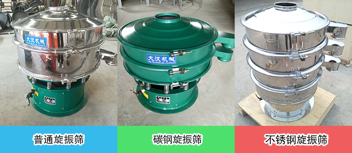 醫(yī)藥振動(dòng)篩常見(jiàn)材質(zhì)展示：碳鋼＋不銹鋼，不銹鋼，碳鋼等材質(zhì)展示