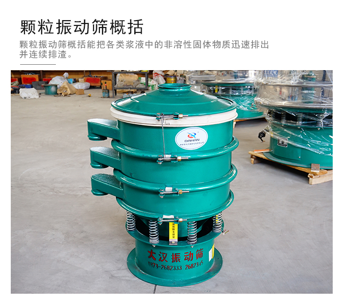 顆粒式振動篩是針對顆粒狀物料進(jìn)行研發(fā)的，由于顆粒的形狀有很多的不同所以，廠家在清網(wǎng)裝置方面進(jìn)行提升效率。