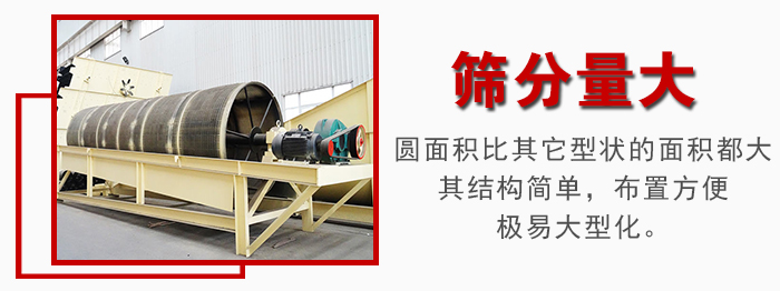 滾筒篩篩分產(chǎn)量大，產(chǎn)量可達(dá)200噸/時(shí)