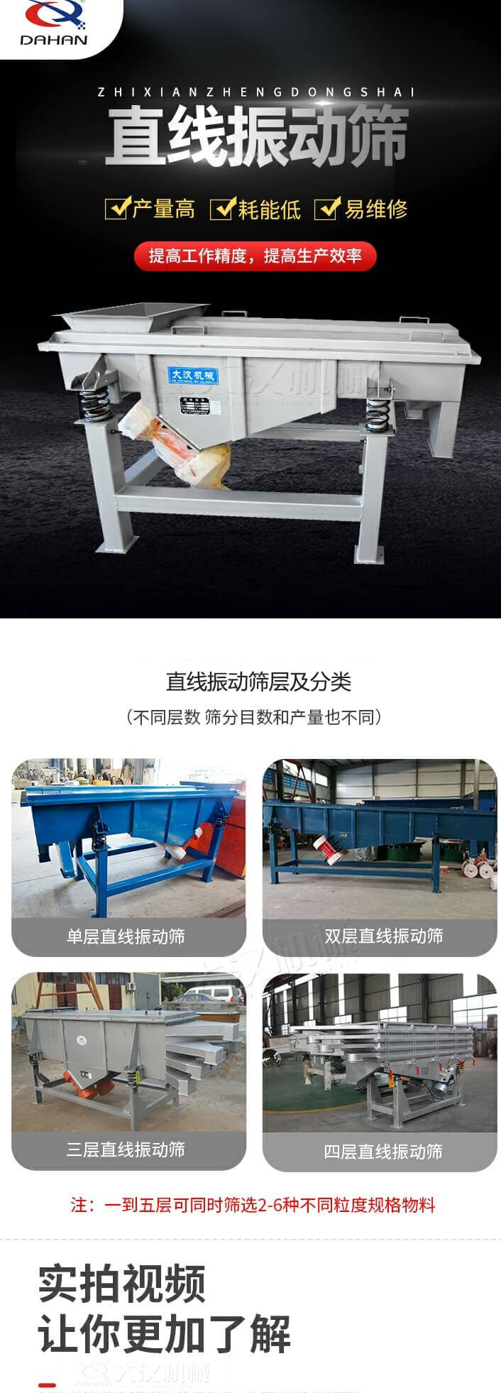 直線(xiàn)振動(dòng)篩概述，產(chǎn)量高，耗能低，易維修，提高工作精度，提高生產(chǎn)效率，直線(xiàn)振動(dòng)篩層級(jí)分類(lèi)：不同層數(shù)，篩分目數(shù)和產(chǎn)量也不同：?jiǎn)螌?，雙層，三層，四層等。