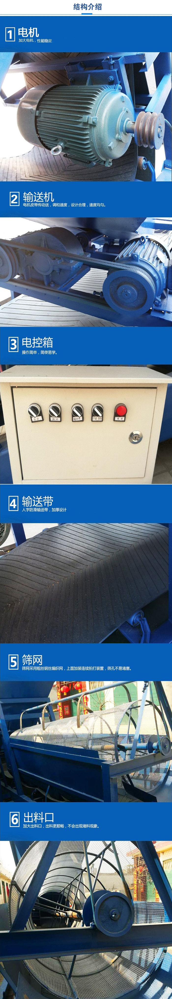 移動篩沙機結(jié)構(gòu):電機，加大電機，性能相對比較穩(wěn)定。輸送機：電機皮帶傳動送，調(diào)和速度，設(shè)計合理，速度均勻。電控箱：操作簡單，簡便易學(xué)。輸送帶：人字防滑輸送帶，加厚設(shè)計。篩網(wǎng)，采用粗絲鋼絲編織而成的篩網(wǎng)，上面加裝連續(xù)拍打裝置，篩孔不易堵塞。出料口：加大出料口，出料更順暢，不會出現(xiàn)堵料現(xiàn)象。