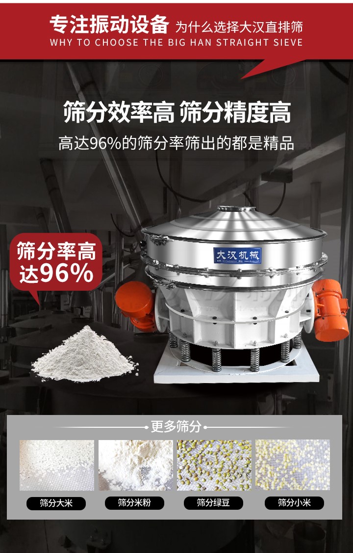 直排篩適用物料有面粉，淀粉，洗衣粉，金屬粉，添加劑，化工，非礦等行業(yè)。
