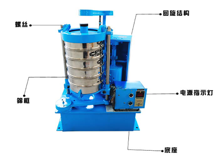 拍擊式標準振篩機的作用原理：主要振動部件；回旋結(jié)構(gòu)，篩框底座，電源指示燈。