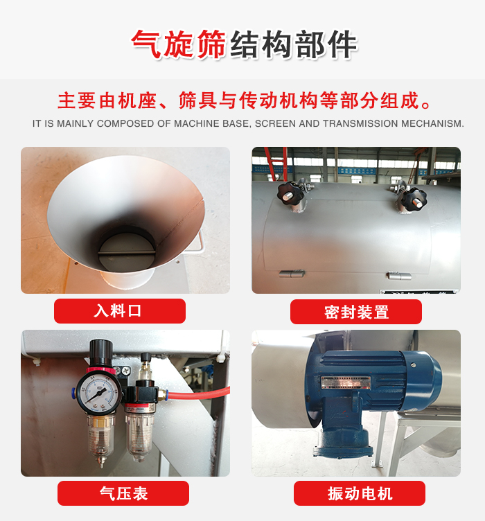 氣旋篩結構：入料口，密封裝置，電機，氣壓表等