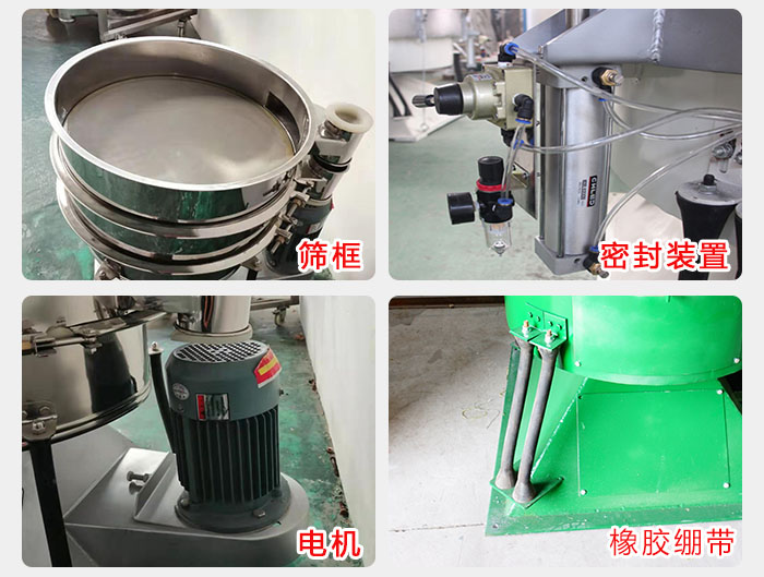 搖擺篩結(jié)構(gòu)：電機(jī)，橡膠繃帶，篩框，密封裝置等。