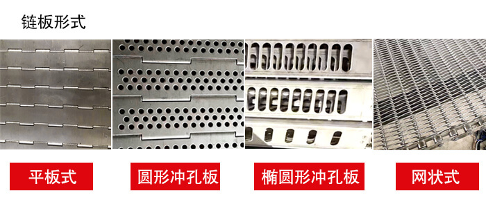 鏈板輸送機(jī)鏈板的不同形式：平板式，圓形沖孔板，網(wǎng)狀式等